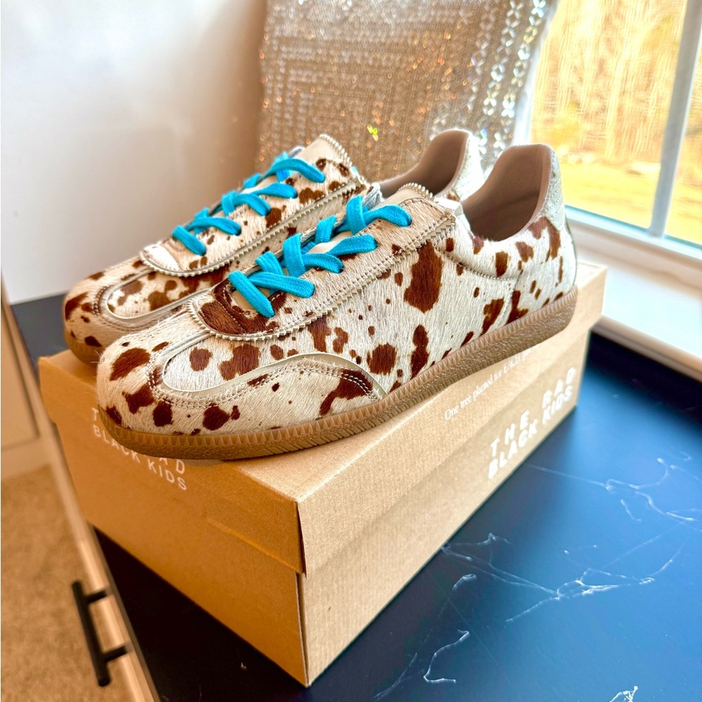 Cow Print Sneakers with Blue Laces